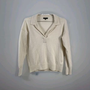 Quince Mongolian Cashmere Polo Sweater Womens Medium Ivory Collared Pullover - Picture 1 of 11
