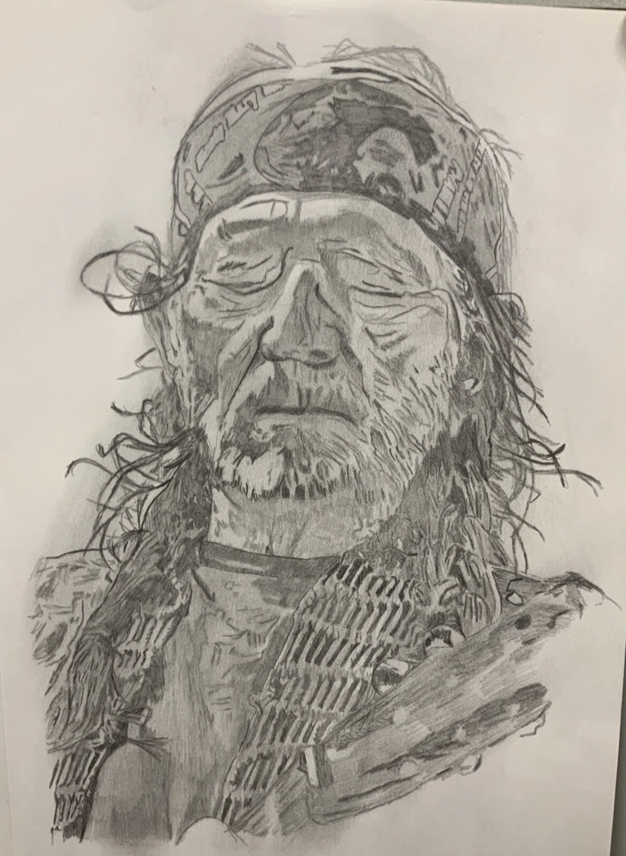 Lápiz de carbón enmarcado arte dibujo Willie Nelson 8 X 10 Foto 1 de 1