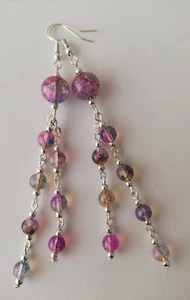 Extra Long Drop / Dangle Purple / Pink Crackle Tassel Earrings - Silver Plated - Picture 1 of 6
