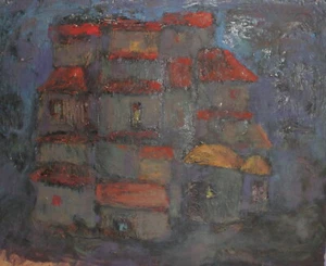 Vintage expressionist oil painting cityscape - Picture 1 of 12