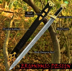 Northman 1095 Damascus Steel Viking Sword, Full Tang, Northman Sword W/ Scabbard - Picture 1 of 6