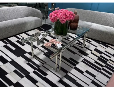 Handmade by New collection leather cowhide patchwork white black tone area rug - Image 1 of 4