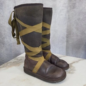 UGG Ribbon Lace Sheapskin Fur Knee High Winter Boots Women's 6 Brown/olive - Picture 1 of 19