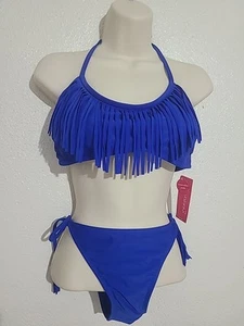 Xhilaration Blue Swimsuit Top Large Fringe Halter And Bikini Bottom Size Medium - Picture 1 of 10