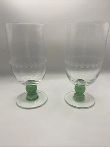 Portmeirion Options Set Of 2 Etched Green Stem Blown Glass Iced Tea Goblets 7” - Picture 1 of 11