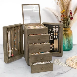 Jewelry Box Wood for Women, 5-Layer Large Organizer Box with Mirror & 4 Drawe... - Picture 1 of 7