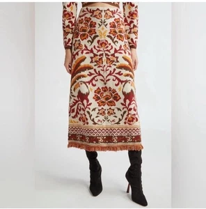 Farm Rio Tukane Schal Blumen Strick Rock L Large Midi Fransen Neu mit Etikett $ 160 - Bild 1 von 7