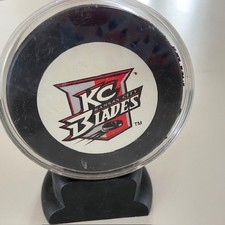 Vintage Kansas City Blades 1990s IHL Hockey Puck with Plastic Puck Holder