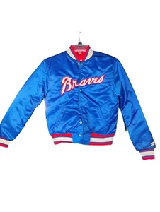 ATLANTA BRAVES STARTER Vintage MLB SCRIPT LOGO SATIN BOMBER JACKET Youth SIZE M - Picture 1 of 8