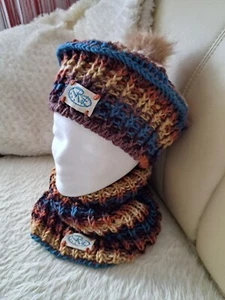 Set: Mütze und Loop, Winterset, Handarbeit, Braun-blau-beige - Bild 1 von 4