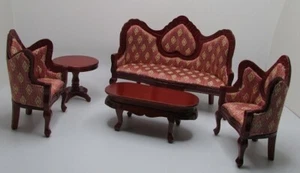 Dollhouse Miniature Wood Victorian Living Room Set Rose Fabric & Walnut T0102 - Picture 1 of 7
