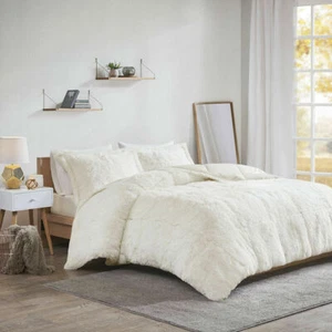 NEW! COZY ULTRA SOFT PLUSH IVORY WHITE WARM LONG FUR LUXURY CHIC COMFORTER SET - Picture 1 of 5