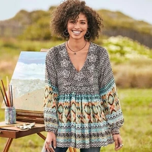 Sundance Stella Black Ikat Embroidered Vneck Top Size Large - Picture 1 of 8