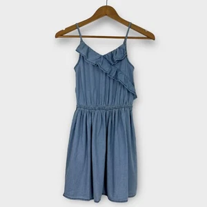 OshKosh B’gosh Girl’s Size 8 Solid Blue Chambray Denim Ruffle Dress New - Picture 1 of 7