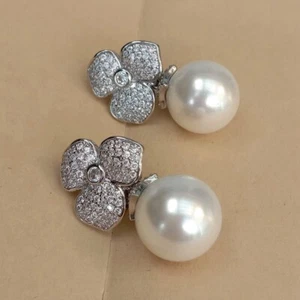 White Sea Shell Pearl Rhinestone Pave Gold Plated Modern Women Earrings Fashion - Picture 1 of 6