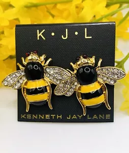 Kenneth Jay Lane Bumble Bee Clip On Earrings Black Yellow Enamel Signed RARE - Picture 1 of 7