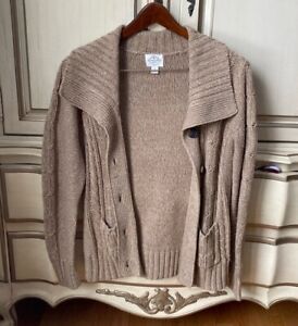 St. John's Bay Cardigan Womens L Tan Chunky Knit Wide Collar Button Up Sweater