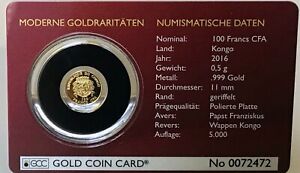 0,5 g Goldmünze, 999.9, 100 Francs, Kongo, 80. Geburtstag Papst Franziskus, 2016