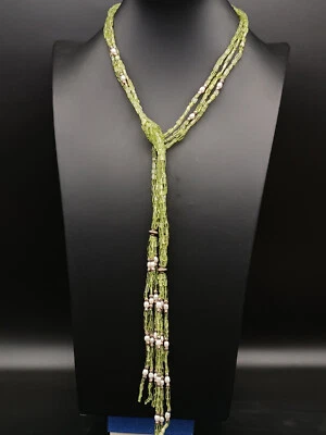 collana donna lunga vero peridoto verde naturale perle di fiume e argento 925 - Immagine 1 di 4