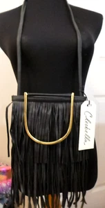 Designer Black Leather Small Fringed Crossbody Cleobella Handbag w/ Handles NWT - Picture 1 of 7
