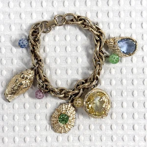 Charm Bracelet Seashells Seahorse Colored Gems Beads Shells Gold Tone Chunky - Picture 1 of 10