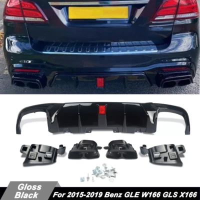 For Benz GLE W166 GLS X166 2015-2019 Black Rear Bumper Diffuser w/ LED & Exhaust - Imagem 1 de 4