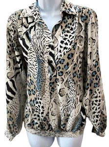 Vintage 80s Da Rue Animal Print Blouse M/L Blouson Elastic Waist Shoulder Pads - Picture 1 of 16
