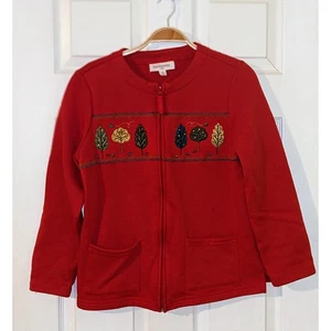 Breckenridge Petite Rosso Ricamato Albero Cardigan Giacca Donna Petite M - Foto 1 di 7