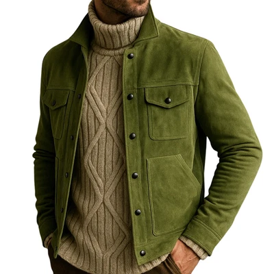 Men's Suede Leather Jacket Biker Green Colour Casual Real Sheepskin Suede Jacket - Image 1 of 4