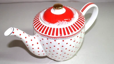Grace Teaware Josephine Red & White Stripes and Dots Fine Porcelain Teapot New - Image 1 of 3
