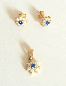 750 18K GOLD VINTAGE EARRINGS & PENDANT SET white & blue stones. Gift for her - Picture 1 of 18