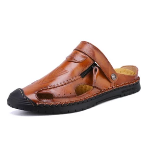 Men's Flat Leather Round Toe Openwork Breathable Beach Sandals and Slippers - Picture 1 of 13