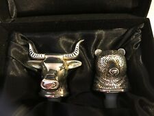 "Bull and Bear" Neiman Marcus Silver-Plated Bottle Stoppers in Black Velvet Box