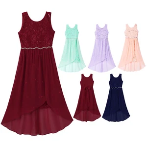 Kinder Mädchen Hochzeit Brautjungfer hoch niedrig Kleid Blumenmuster Spitze Geburtstag Abschlussball Kleider - Bild 1 von 68
