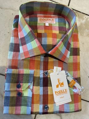 NWT INSERCH Mens Long Sleeve New Multi Color Plaid Shirt 100% Linen Size 5XL - Image 1 of 4