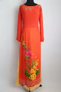 Ao Dai Vietnam - Coral Tribal floral Design w/ Pants (32" - 36" Bust) - Picture 1 of 2