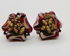 Castlecliff Clip Earrings Vintage Floral Flower Red & Gold tone RARE
