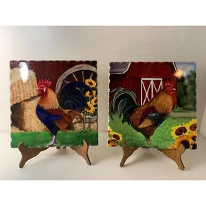 Set of 2 Beautiful Rooster and Chicken Ceramic Tile Trivet Corked 8" x 8" - Picture 1 of 4