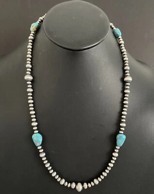 Sterling Silver Turquoise W Pearls Bead Necklace. 25 inch - image 1 of 4