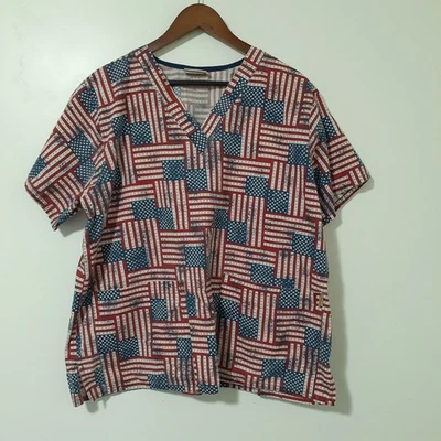 Tafford Flag Print Scrub Top Size Large V-Neck Cotton Blend - Image 1 of 4
