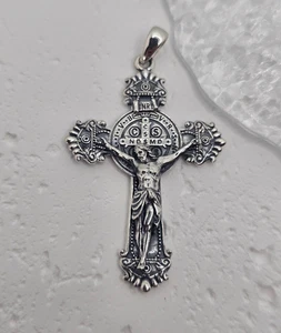 Saint Benedict Cross 925 Sterling Silver Crucifix Catholic Protection Pendant - Picture 1 of 3