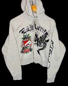 Vintage Ed Hardy Grey Cropped Hooded Sweatshirt Hoodie Full Zip Tattoo Y2K XL - Picture 1 of 6