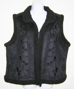 ESSENTIALS BY MILANO BLACK ON BLACK EMBROIDERED FAUX SUEDE SHEARLING VEST 2X EUC - Picture 1 of 6
