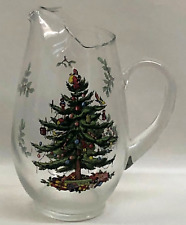 Large Spode Christmas Tree And Holly Berries Glass Pitcher with Ice Lip 10" Tall