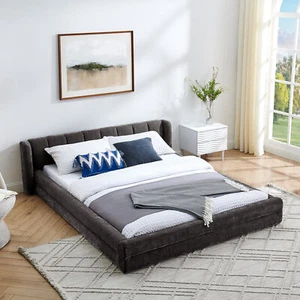 Queen Size Upholstered Bed Frame w/Thick Fabric,Chenille Fabric Grounded Queen S - Picture 1 of 9