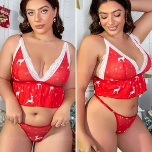 Womens Plus Size Mrs Claus Nightwear Cute Christmas Elk Sexy Lingerie Bra Thong - Picture 1 of 41