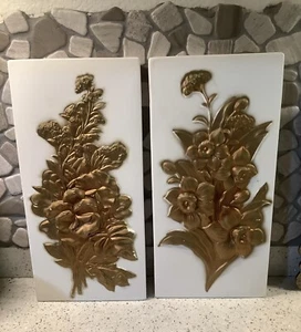 Vintage ARDCO Japan Ceramic /Wall Plaques, Gold & White, Pansies & Daffodils MCM - Picture 1 of 7