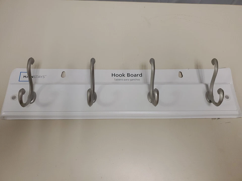 18" White Hook Board With Satin Nickel Hooks