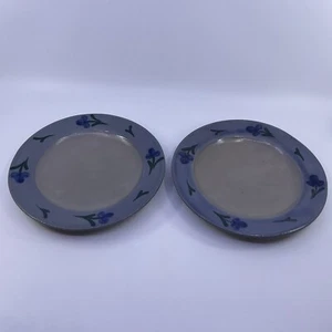 Set Of 2 Vintage Rowe Pottery Works Salt Glazed Blue Flower 8 3/4” Plates - Picture 1 of 6