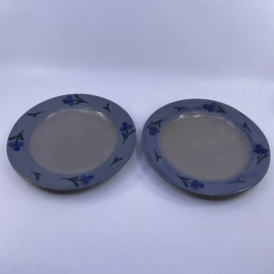 Set Of 2 Vintage Rowe Pottery Works Salt Glazed Blue Flower 8 3/4” Plates - Image 1 of 4